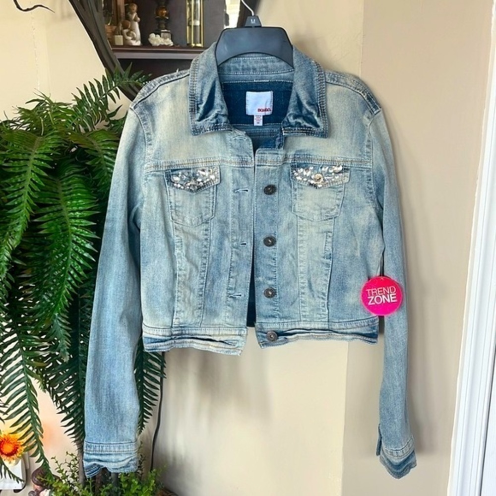 Brand New Bongo Cropped Embellished Jean Jacket Faded Beaded Bejeweled Denim
